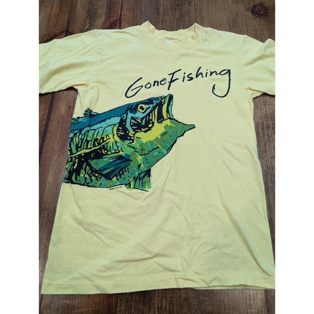 Vtg Gone Fishing Cyrk 80's Yellow Single Stitch USA T-Shirt Sz M